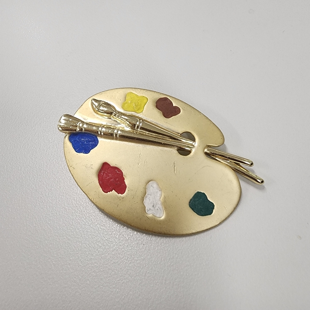 Vintage AJC Brushed Gold-tone Artist Palette Brooch Pin Enamel Paintbrushes